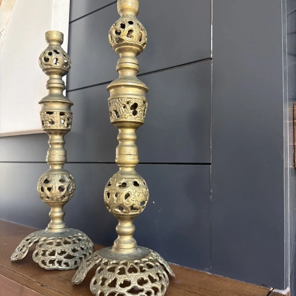 Pair Brass Filigree Taper Candlesticks 13